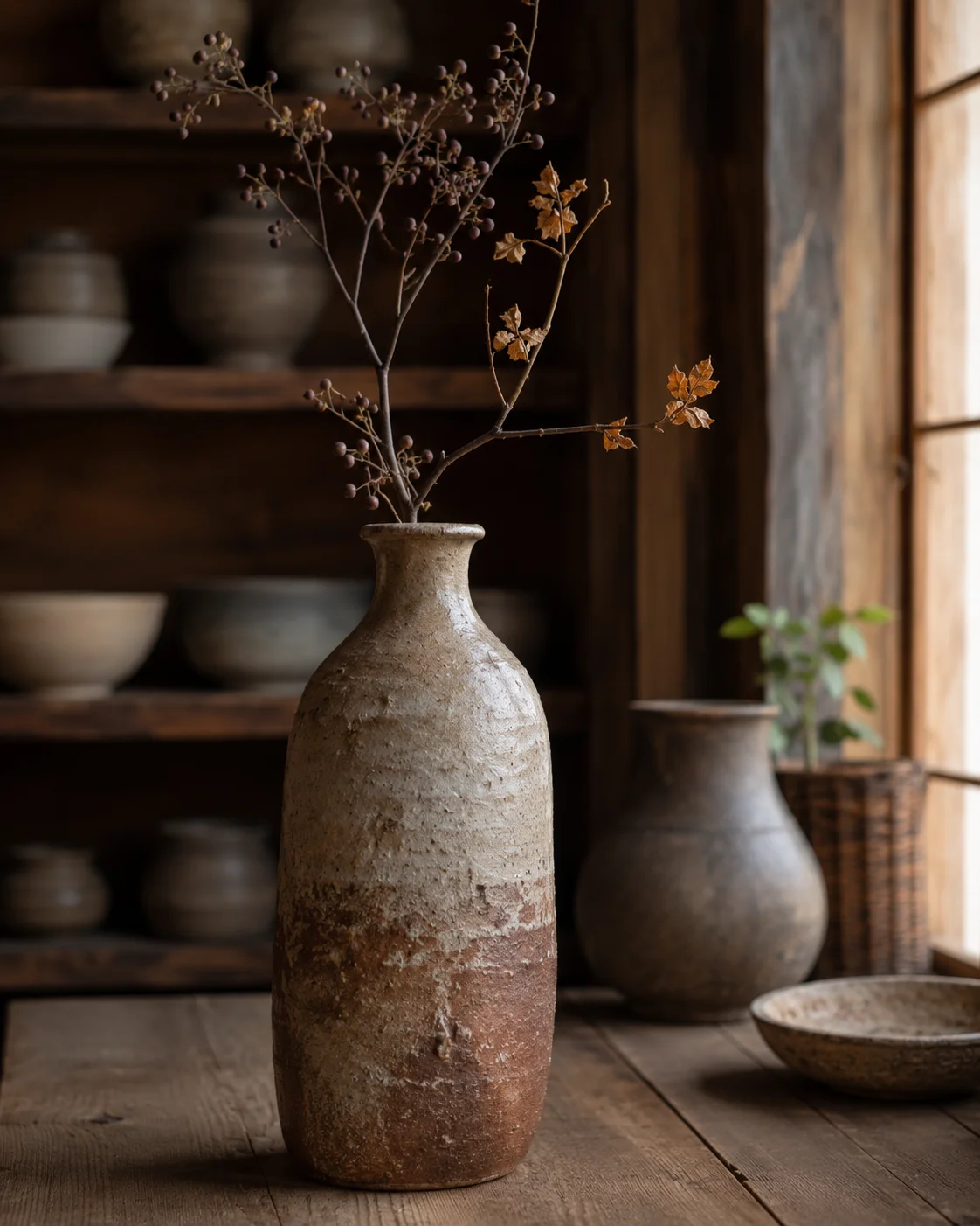 A single vase holding the colors of the season, balancing rustic clay and delicate natural lines.