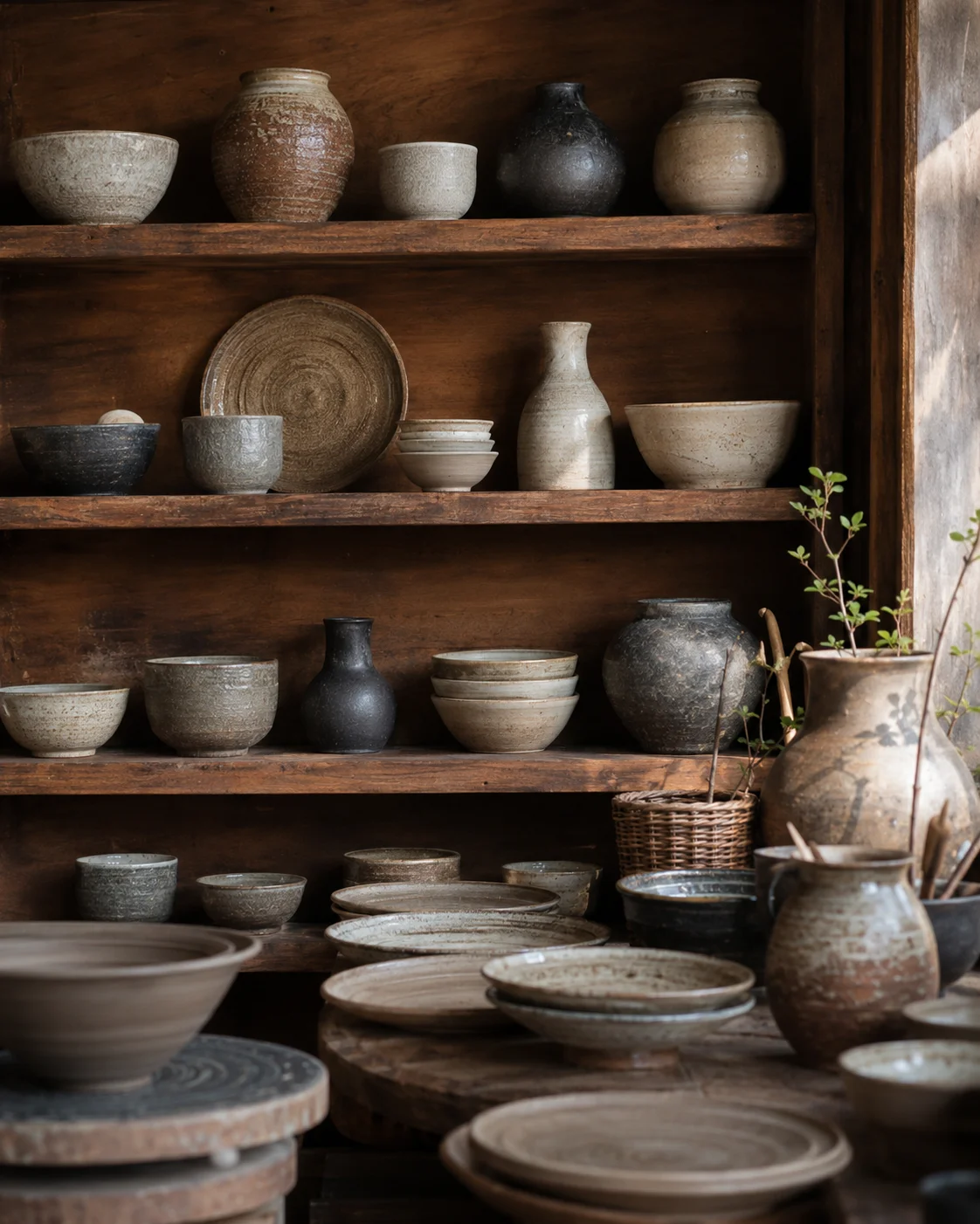 Shelves filled with everyday vessels, waiting quietly in the warm light of Matsuba Kiln.